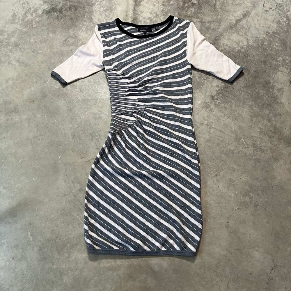 Ted Baker Sweater Dress Womens Size 1/ XS Gray‎ Multi Striped Pleated Knit